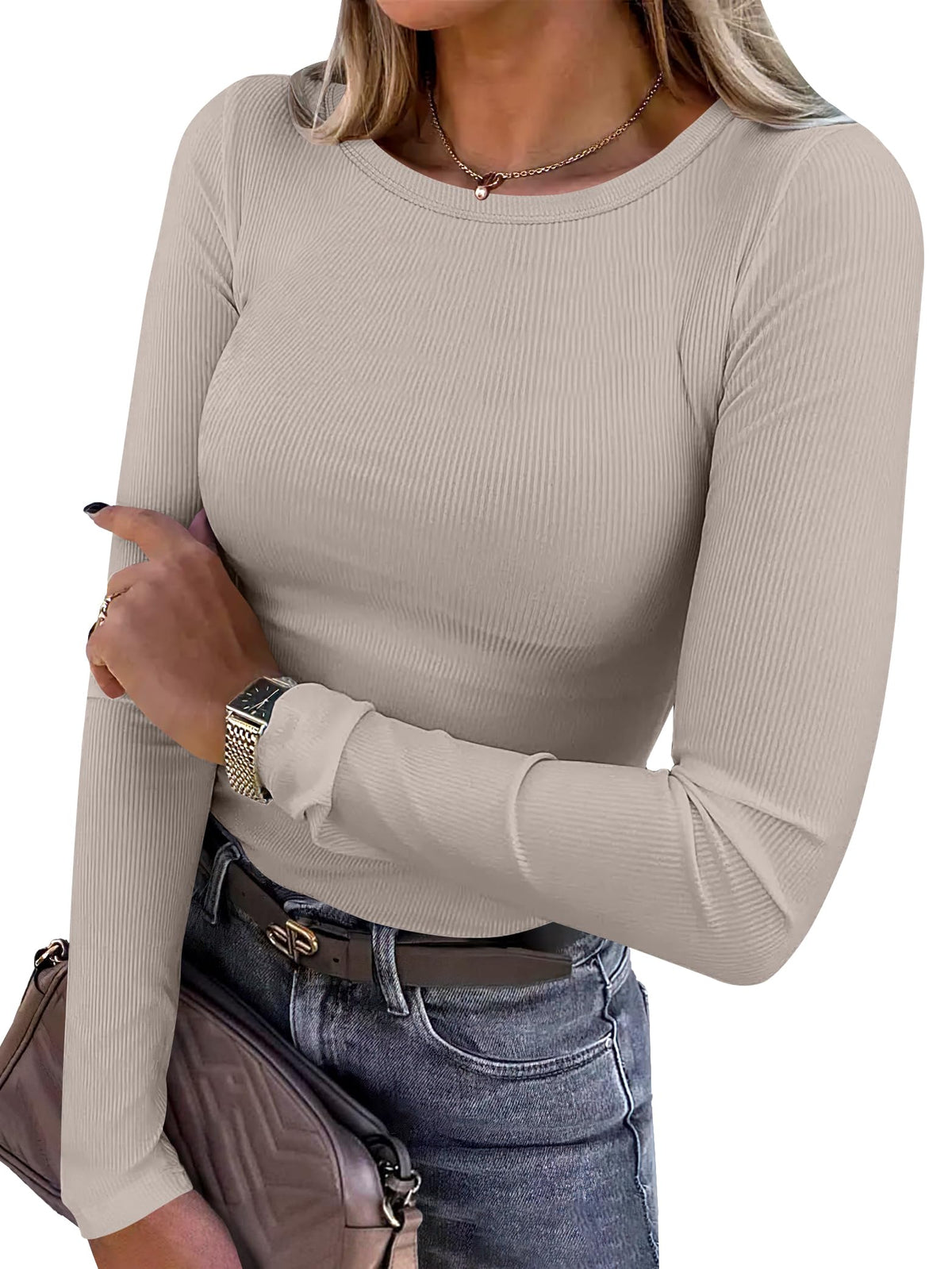 Women's ribbed long sleeve top shown flat to display the cut and shape