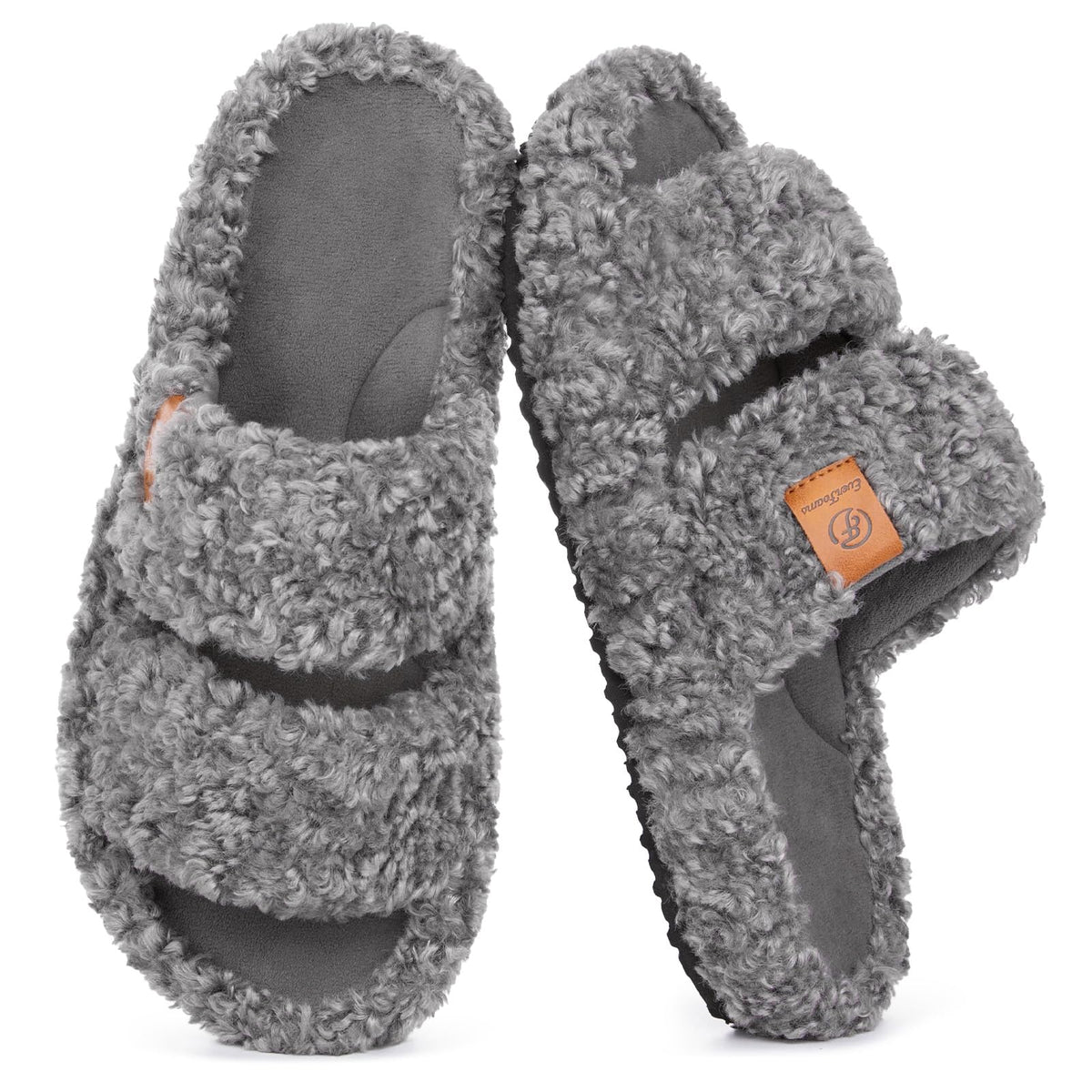 Side view of EverFoams women's fuzzy open-toe house slippers showing cushioned sole