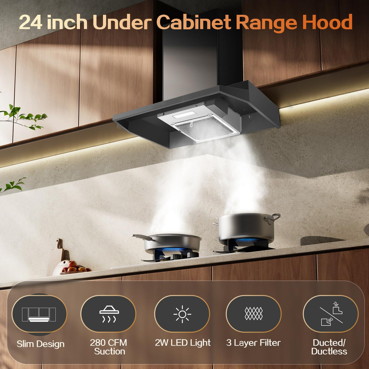 Range Hood 30 inch Under Cabinet, Stainless Steel Kitchen Vent Hood 280CFM, Built-in Kitchen Stove Hood w/Rocker Button Control, Ducted/Ductless Convertible Duct, 2 Speeds Fan, Bright LED Light Jansha Store