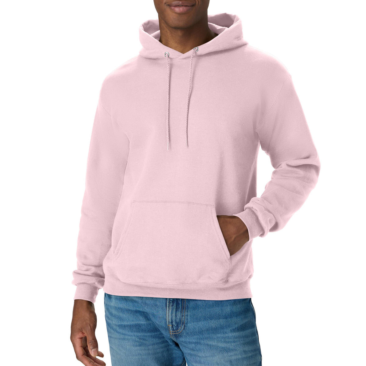 EcoSmart fleece hoodie paired with jeans in a casual outfit shot