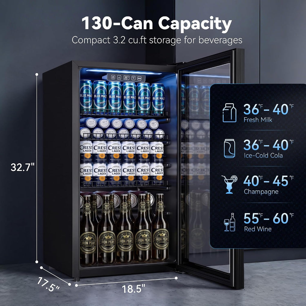 130 Can Beverage Refrigerator, 3.2 Cu.ft Fridge, Glass Door Jansha Store