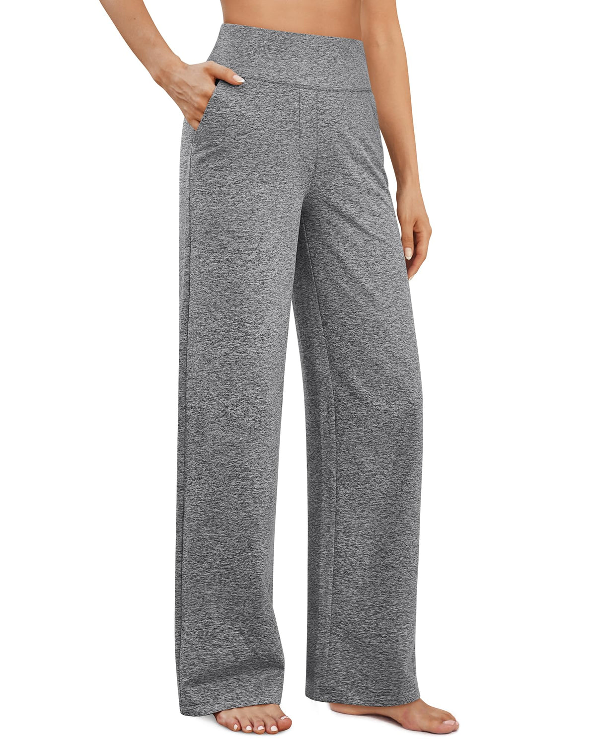 Full-length front view of flowy wide leg yoga pants with pockets