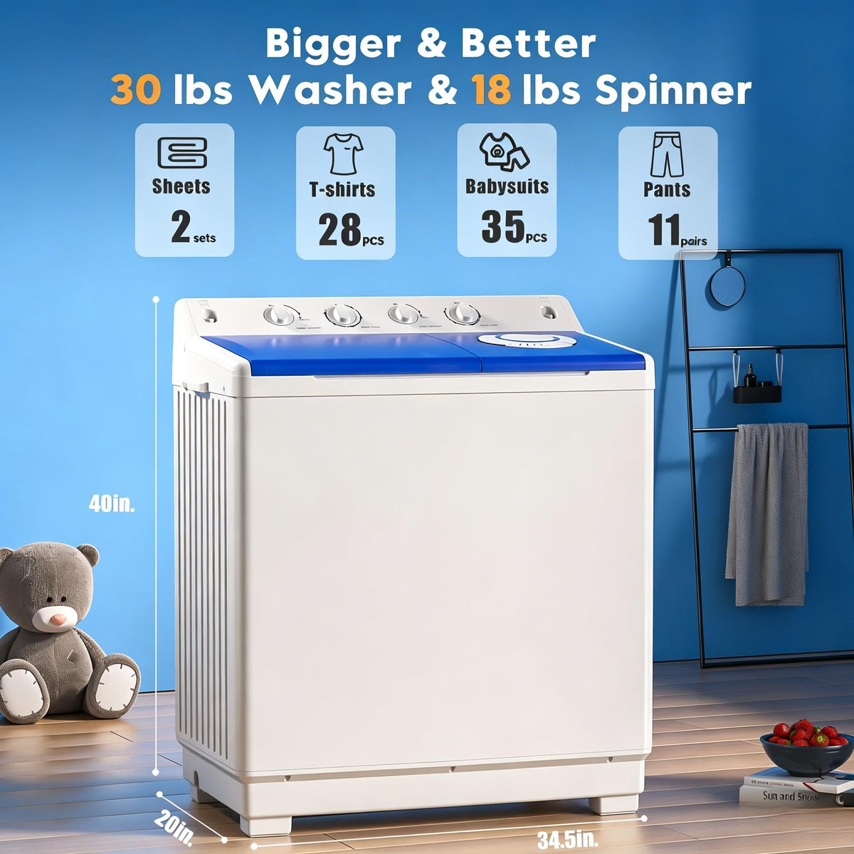 Auertech Portable Washing Machine, 28lbs Twin Tub Washer Mini Compact Laundry Machine with Drain Pump, Semi-automatic 18lbs Washer 10lbs Spinner Combo for Dorms, Apartments, RVs Jansha Store