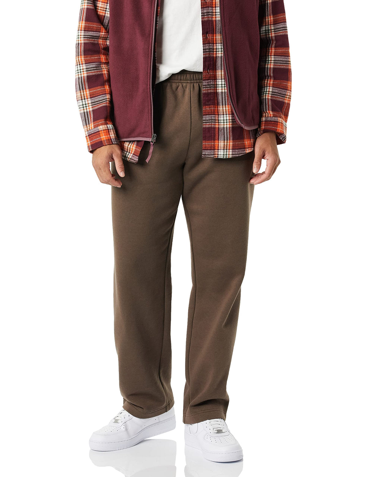 Back view of men's fleece open bottom sweatpants showing the straight leg drape