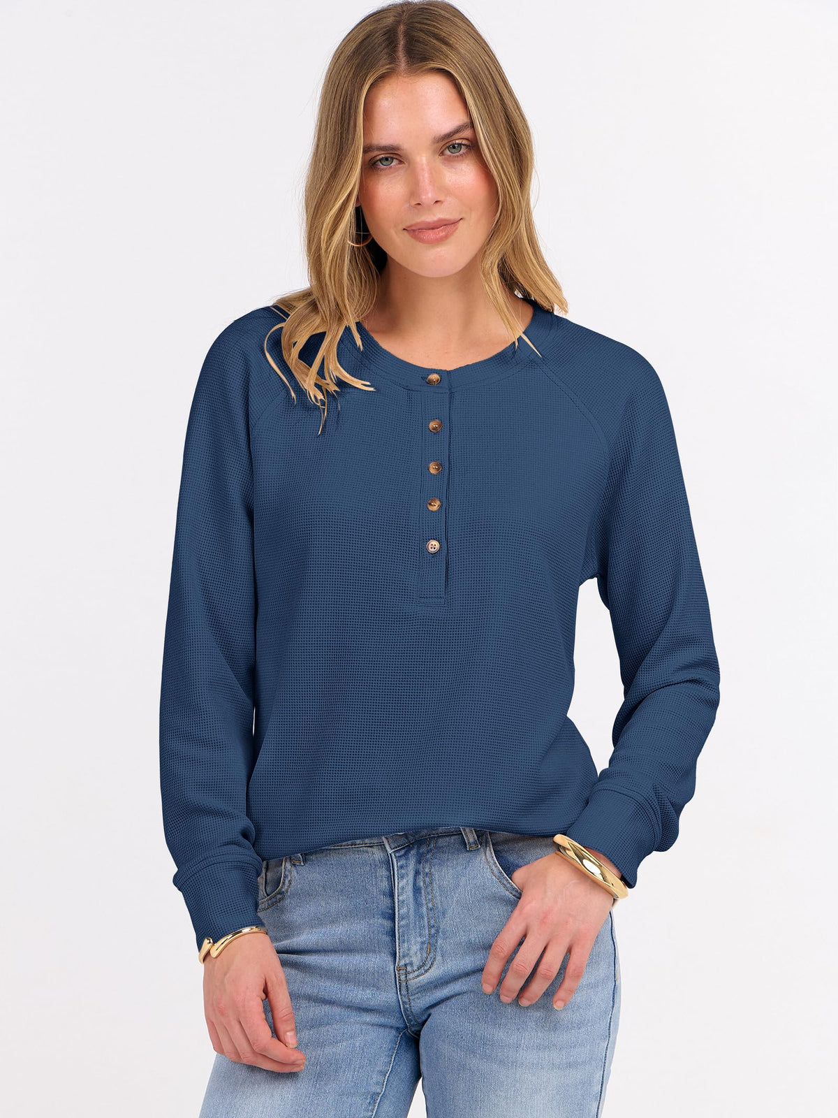 ANRABESS Women's Waffle Knit Henley Top Long Sleeve Shirts Jansha Store