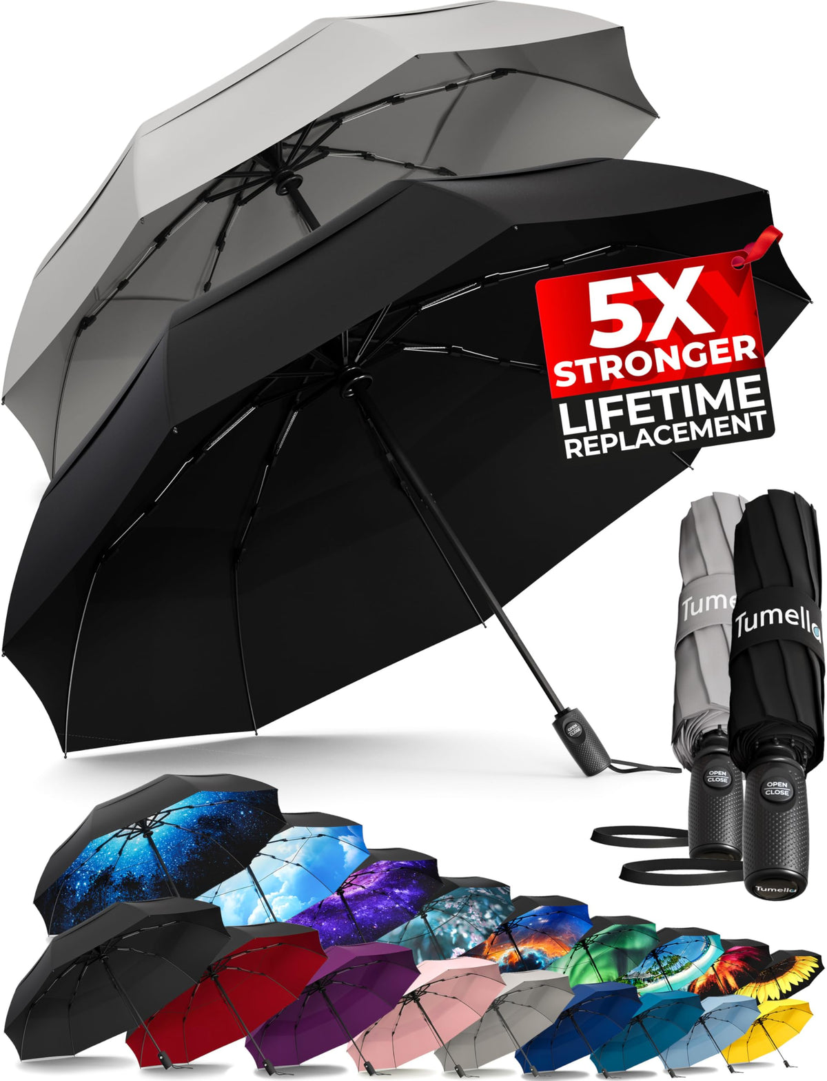 TUMELLA Strongest Windproof Travel Umbrella (Compact, 100MPH Wind-Tested), Light, Portable, One-Handed Use, Automatic Folding Rain Umbrella, Durable, Premium Grip, Fits Car & Backpack Jansha Store