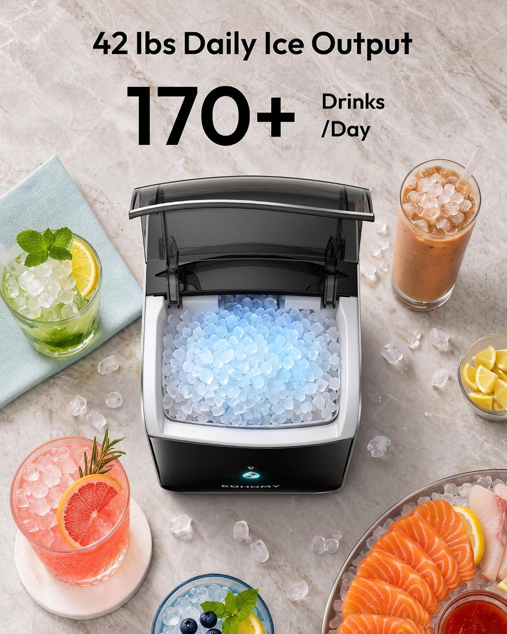 EUHOMY Smart Nugget Ice Maker Countertop, 42lbs/24H, Ready in 7 Mins, Portable Sonic Ice Maker with APP/Alexa Control, Self-Cleaning, Pebble Ice Makers with Hanging Ice Scoop for Home/Office Jansha Store