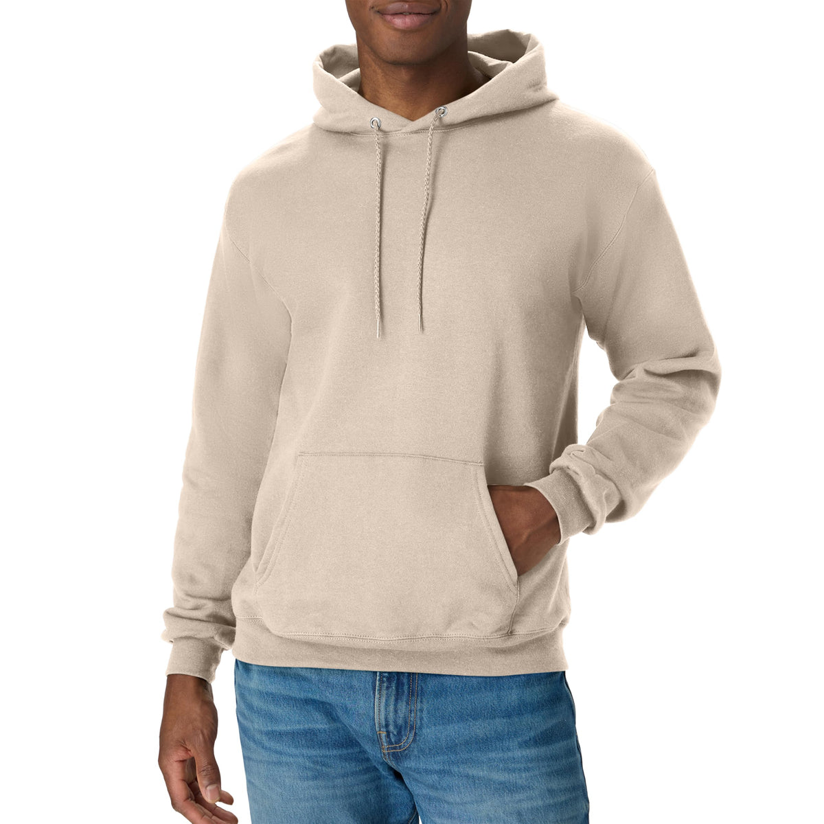 Hanes EcoSmart hoodie detail showing the front kangaroo pocket and ribbed hem