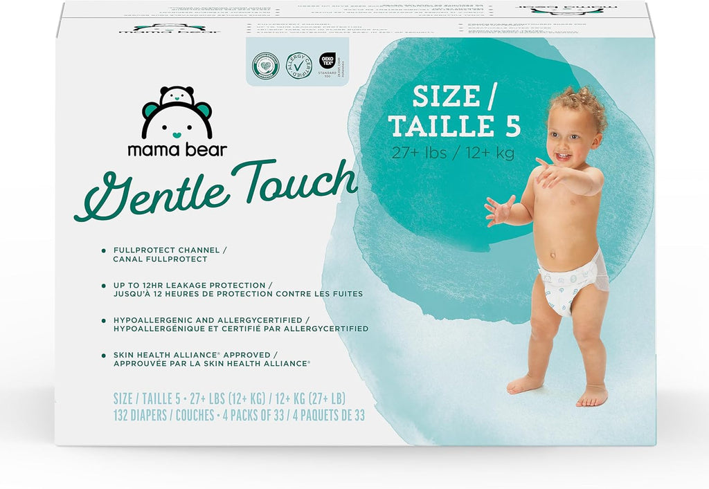 Amazon Brand - Mama Bear Gentle Touch Baby Diapers, Size 5, 27+ lb, Leak Protection, 12 Hours Protection, Wetness Indicator, Hypoallergenic, 132 Count (4 packs of 33) Jansha Store