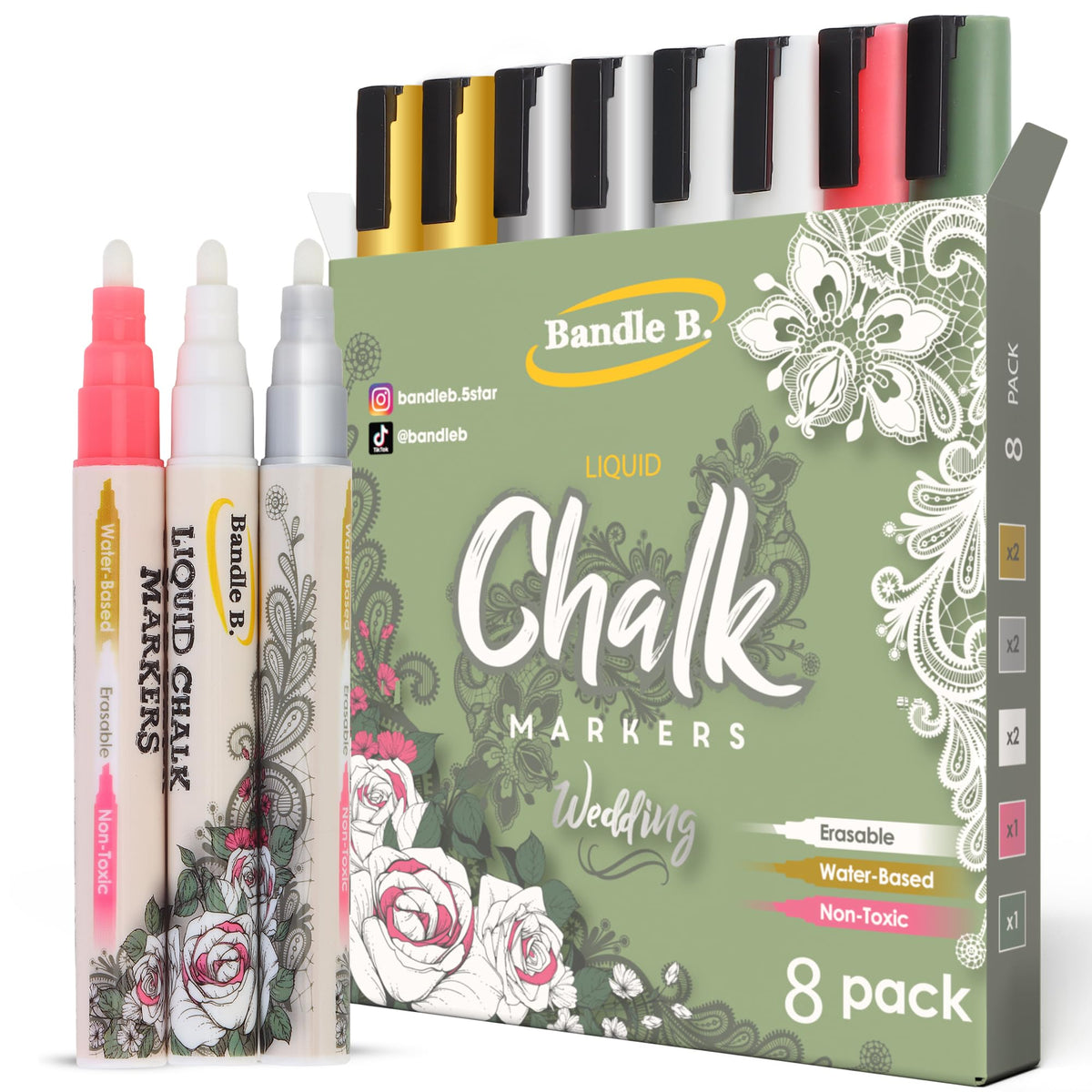 Bandle B. Chalk Markers - 8 Vibrant, Erasable, Non-Toxic, Water-Based, Reversible Tips. For Glass or Chalkboard Markers for Businesses, Restaurants, Liquid Drawing Chalk (Vibrant 6mm) Jansha Store