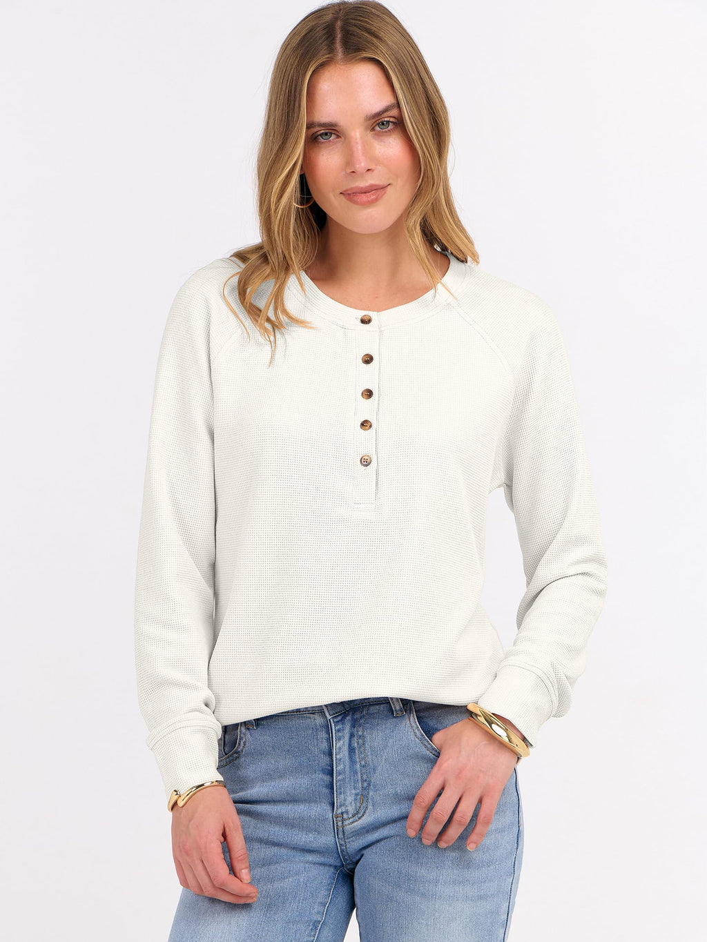 ANRABESS Women's Waffle Knit Henley Top Long Sleeve Shirts Jansha Store
