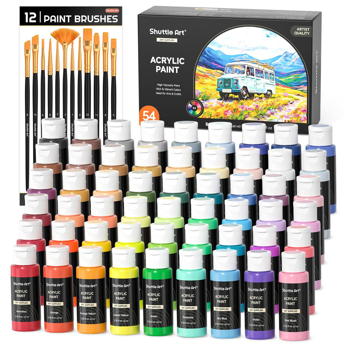 Shuttle Art Acrylic Paint, 36 Colors Acrylic Paint Set with Brushes & Palette, 2oz/60ml Bottles, Rich Pigments Non-toxic for Artists Kids & Adults, Painting on Canvas Rocks Ceramic Wood Jansha Store