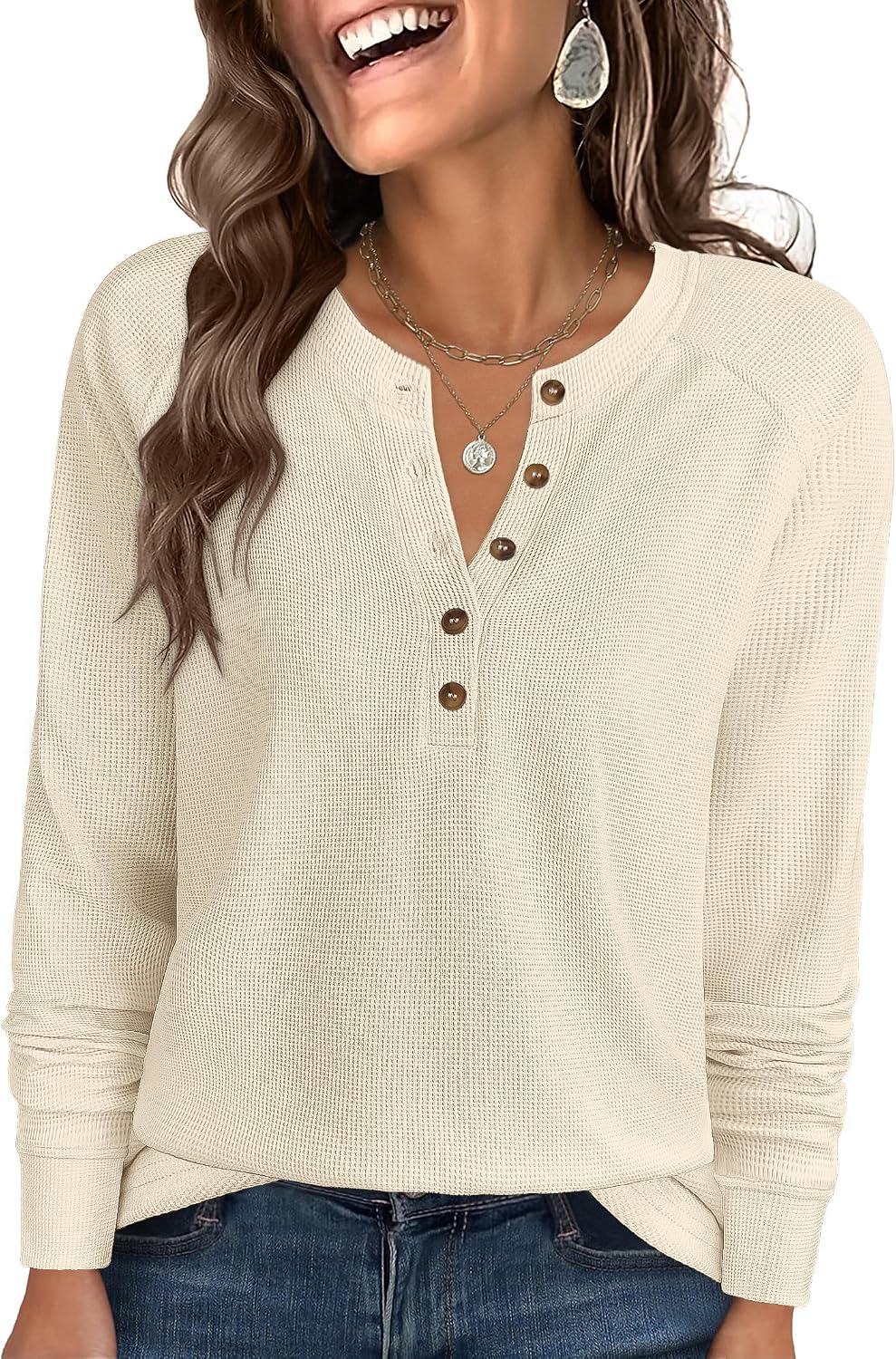 ANRABESS Women's Waffle Knit Henley Top Long Sleeve Shirts Jansha Store