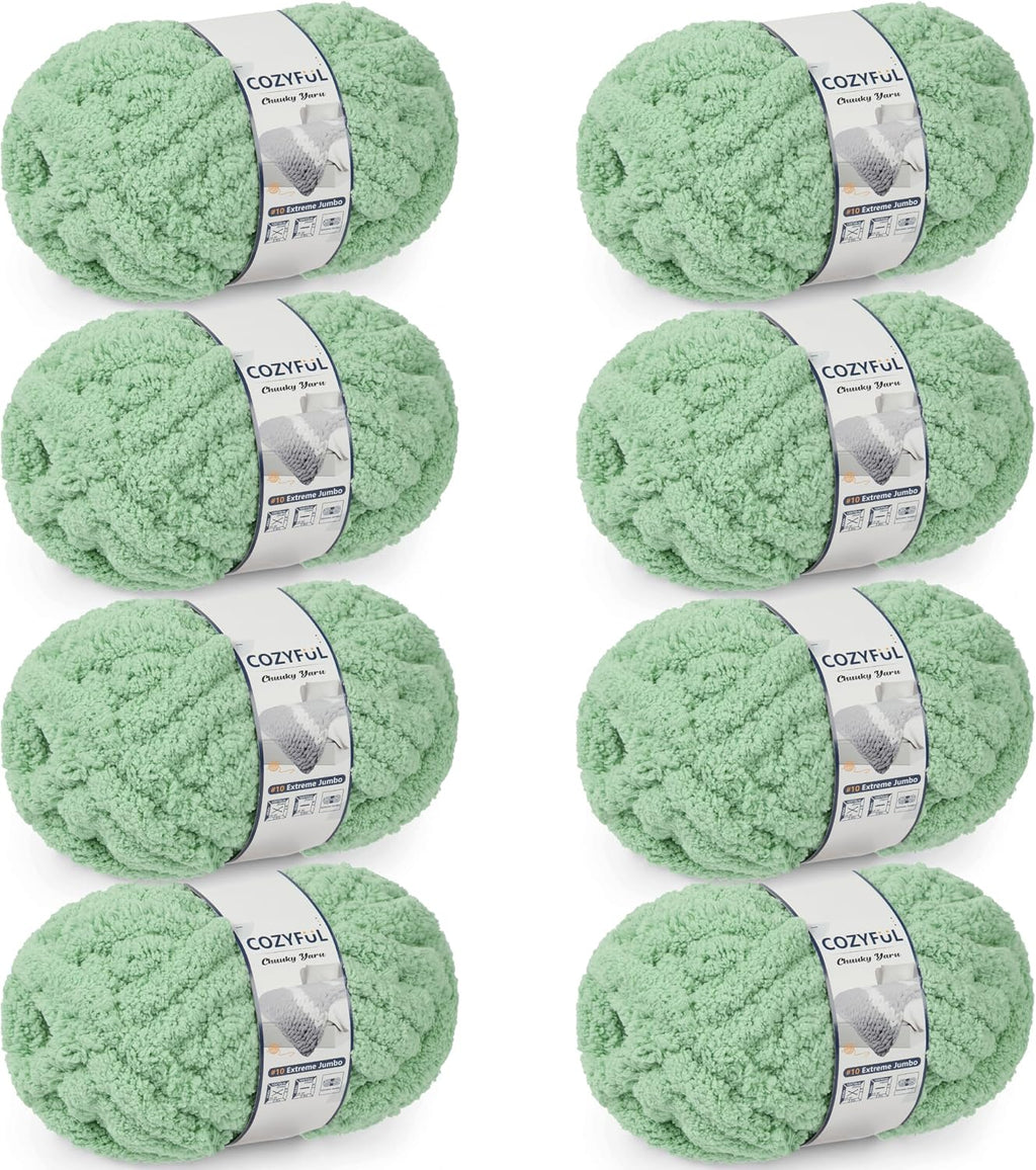 Cozyful Chunky Yarn for Hand Knitting - #10 Chunky Chenille Yarn, Jumbo Big Thick Chunky Yarns for Crocheting, Super Bulky Chunky Knit Blanket Yarns, 8 Skein (22 yds 8 oz Each Skein), Soft Sage Green Jansha Store
