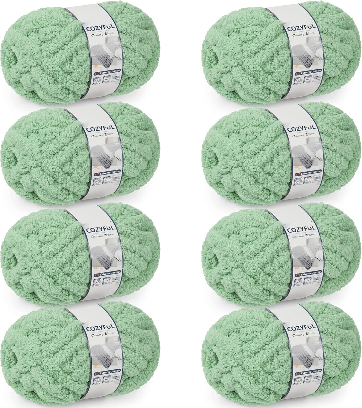 Cozyful Chunky Yarn for Hand Knitting - #10 Chunky Chenille Yarn, Jumbo Big Thick Chunky Yarns for Crocheting, Super Bulky Chunky Knit Blanket Yarns, 8 Skein (22 yds 8 oz Each Skein), Soft Sage Green Jansha Store