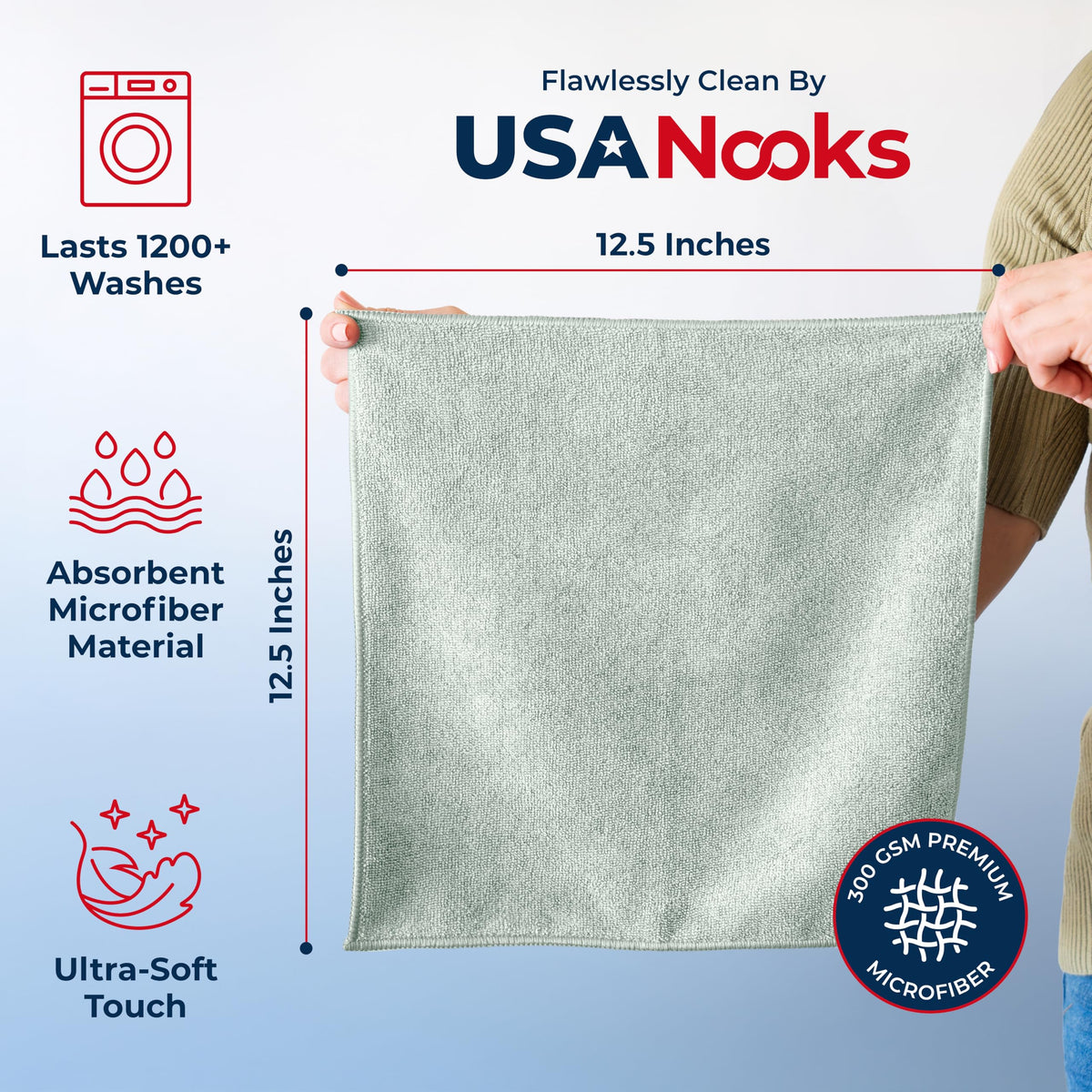USANOOKS Microfiber Cleaning Cloth Grey - 12 Pcs (12.5"x12.5") - High Performance - 1200 Washes, Ultra Absorbent Microfiber Towel Weave Grime & Liquid for Streak-Free Mirror Shine - Car Washing Cloth Jansha Store