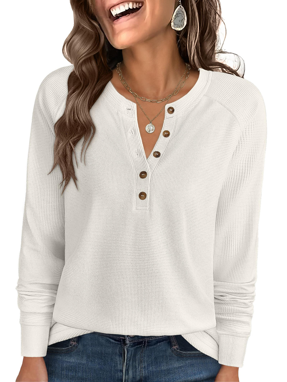 ANRABESS Women's Waffle Knit Henley Top Long Sleeve Shirts Jansha Store