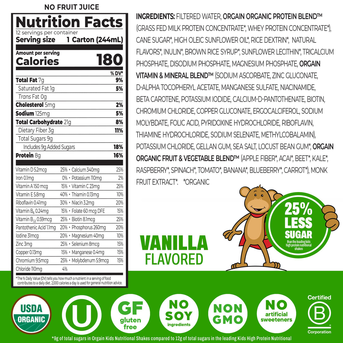 Orgain Organic Kids Dairy 8g Protein Shake, Chocolate, 8.25 oz, 12pk Jansha Store