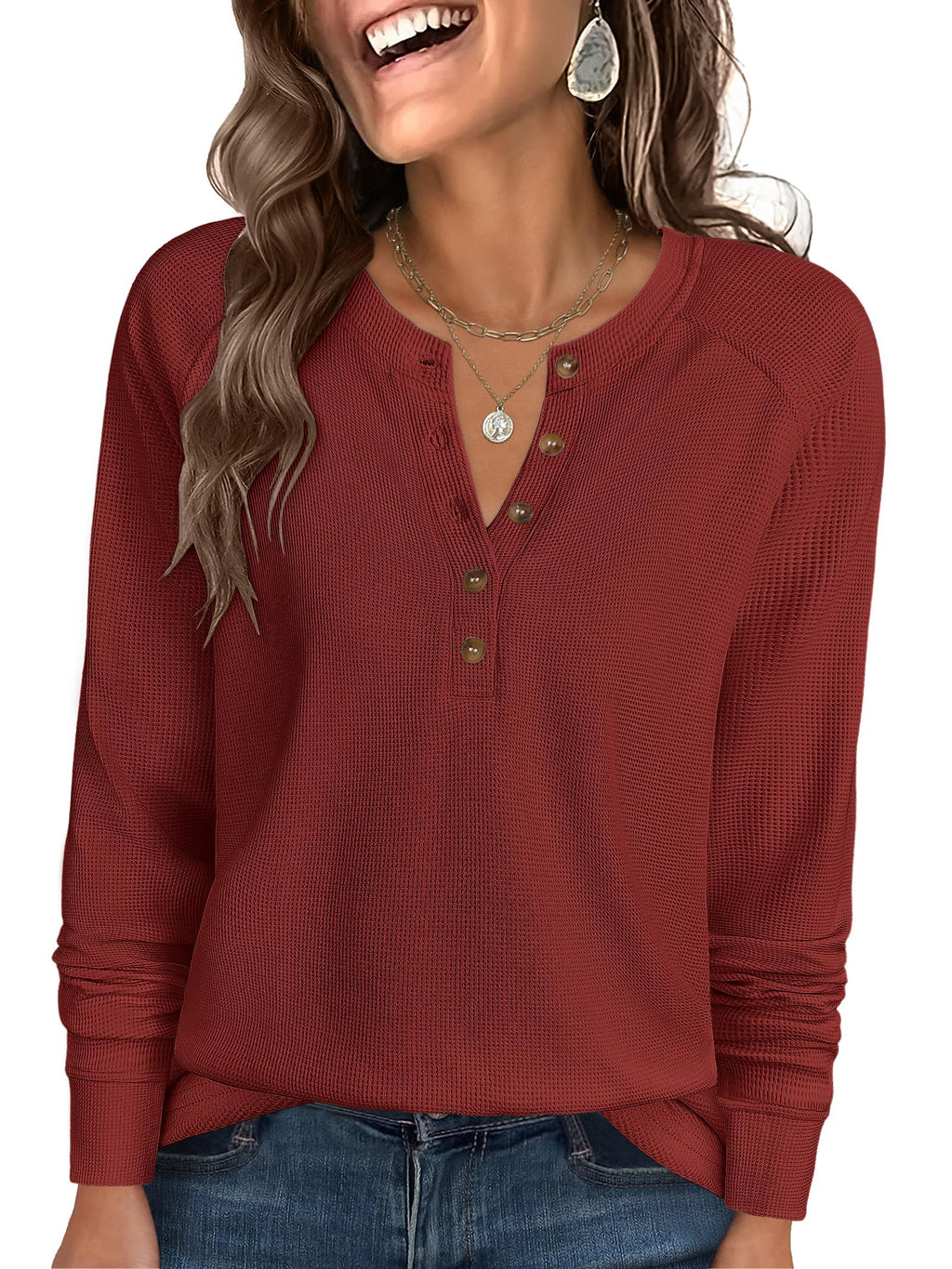 ANRABESS Women's Waffle Knit Henley Top Long Sleeve Shirts Jansha Store