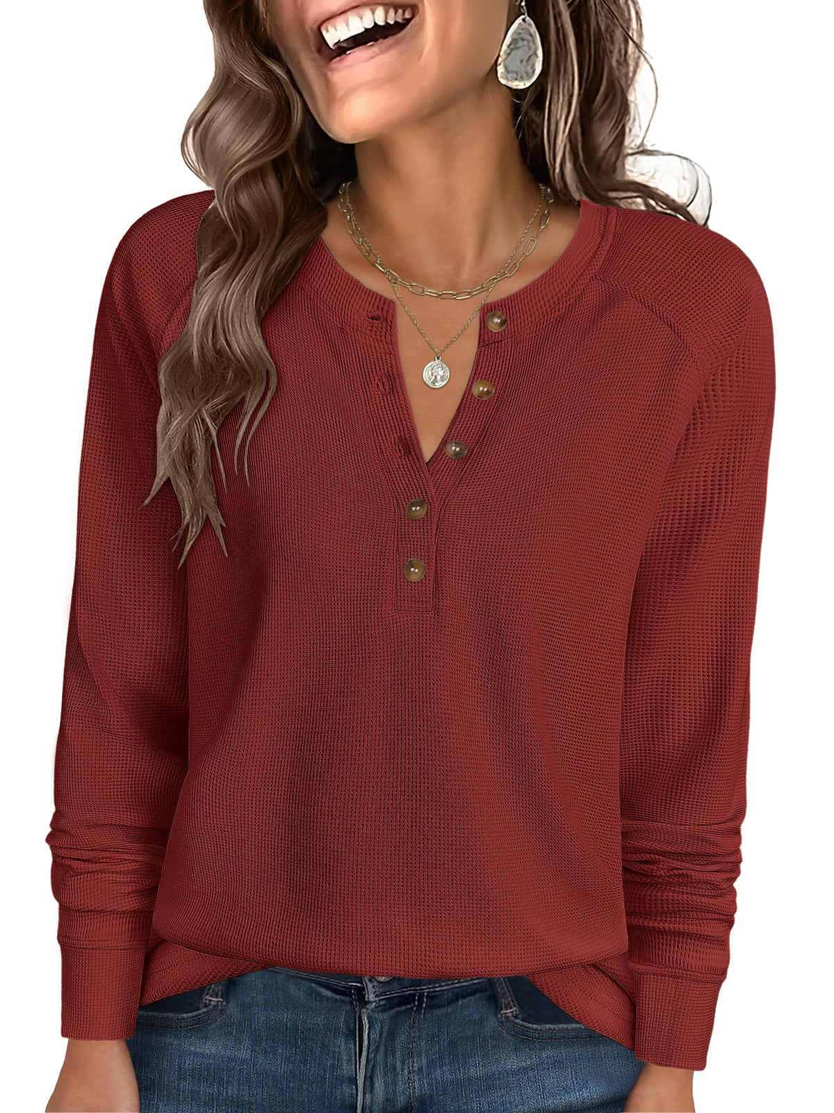 ANRABESS Women's Waffle Knit Henley Top Long Sleeve Shirts Jansha Store