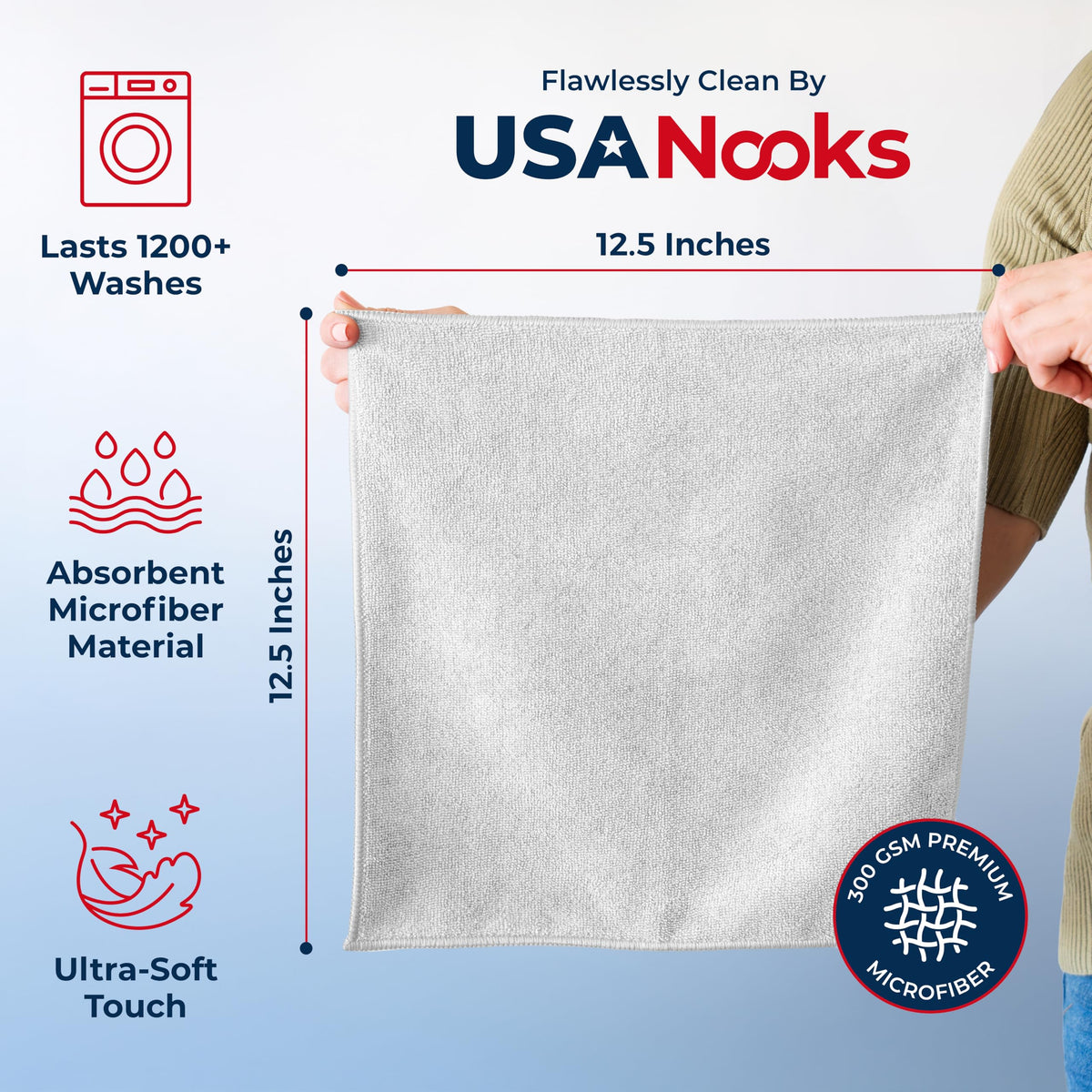 USANOOKS Microfiber Cleaning Cloth Grey - 12 Pcs (12.5"x12.5") - High Performance - 1200 Washes, Ultra Absorbent Microfiber Towel Weave Grime & Liquid for Streak-Free Mirror Shine - Car Washing Cloth Jansha Store