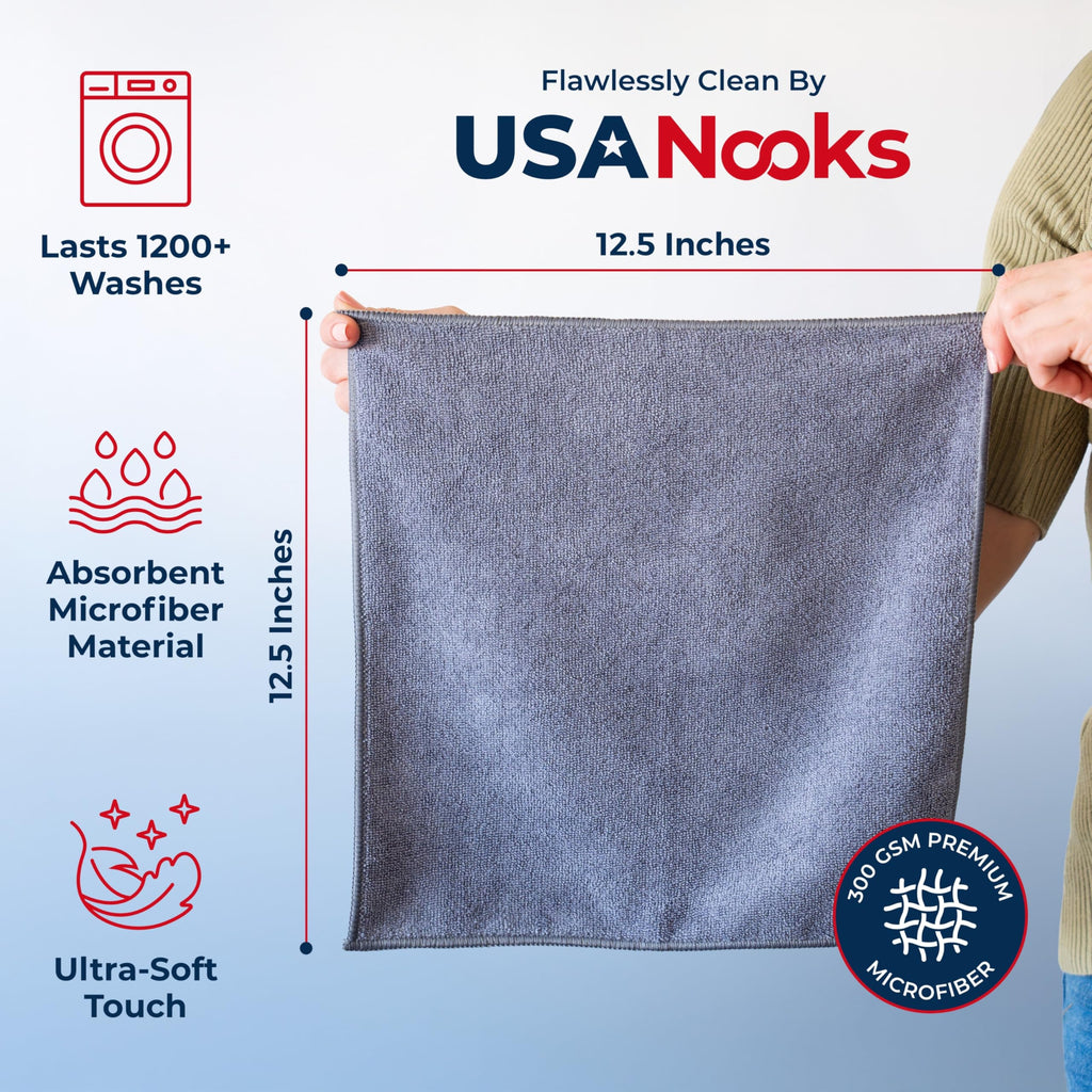 USANOOKS Microfiber Cleaning Cloth Grey - 12 Pcs (12.5"x12.5") - High Performance - 1200 Washes, Ultra Absorbent Microfiber Towel Weave Grime & Liquid for Streak-Free Mirror Shine - Car Washing Cloth Jansha Store