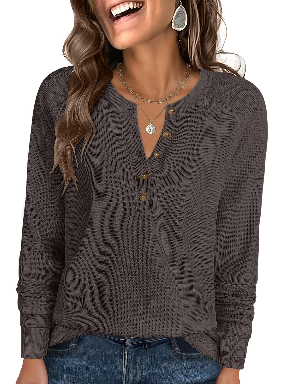 ANRABESS Women's Waffle Knit Henley Top Long Sleeve Shirts Jansha Store