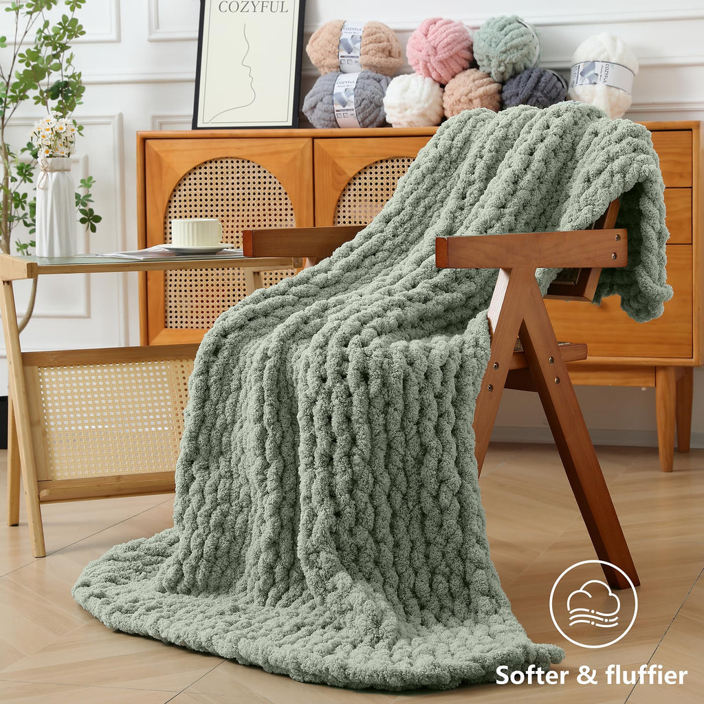 Cozyful Chunky Yarn for Hand Knitting - #10 Chunky Chenille Yarn, Jumbo Big Thick Chunky Yarns for Crocheting, Super Bulky Chunky Knit Blanket Yarns, 8 Skein (22 yds 8 oz Each Skein), Soft Sage Green Jansha Store