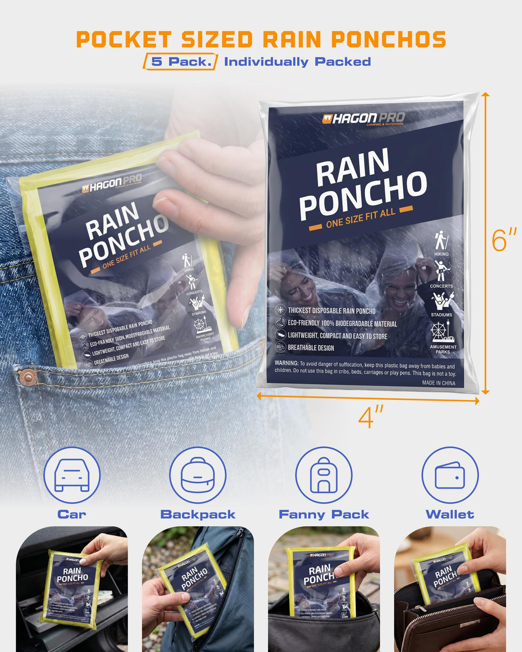 Hagon PRO Disposable Rain Ponchos for Adults, Hooded Poncho, Family 5 Pack Jansha Store