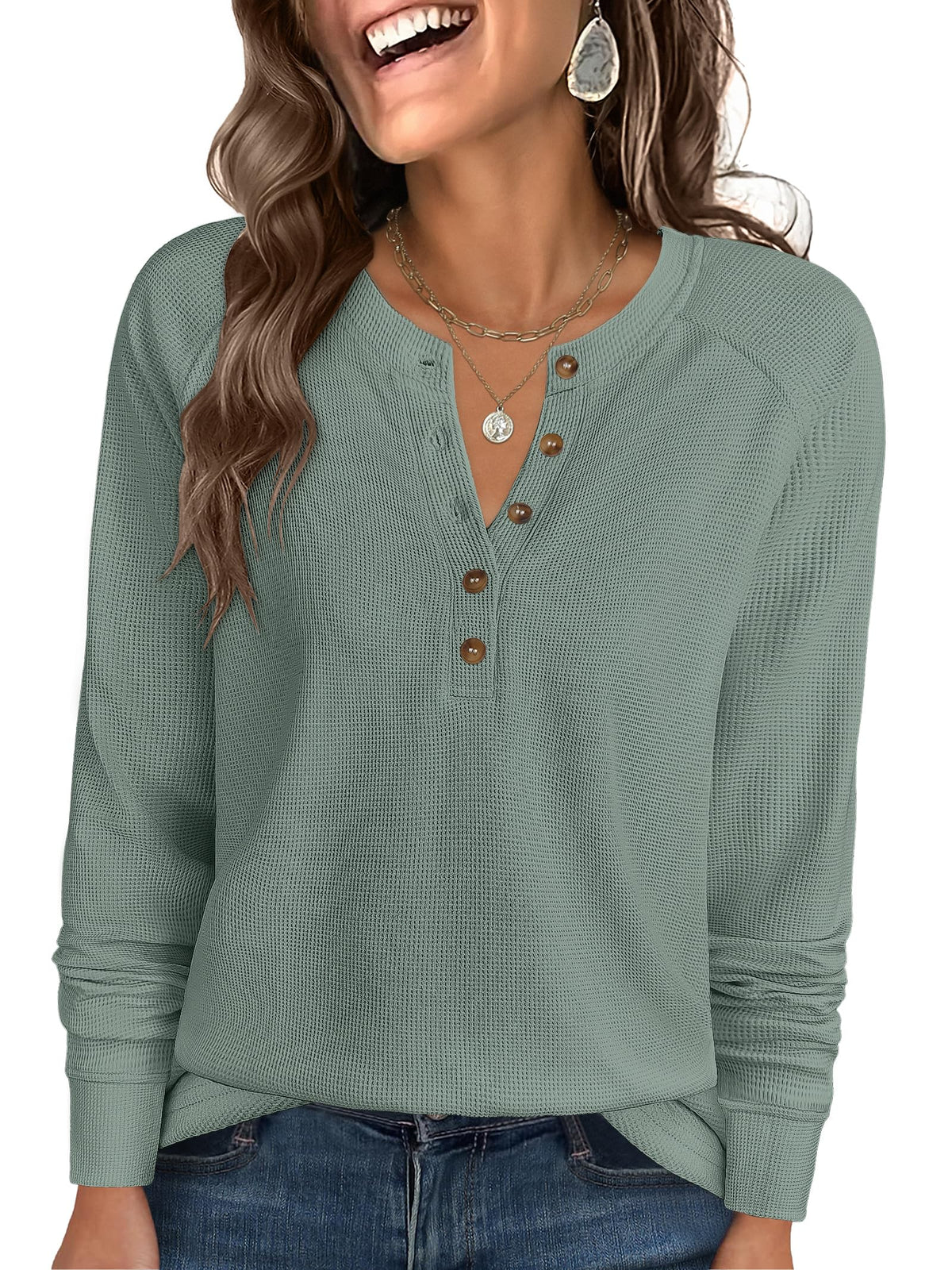 ANRABESS Women's Waffle Knit Henley Top Long Sleeve Shirts Jansha Store