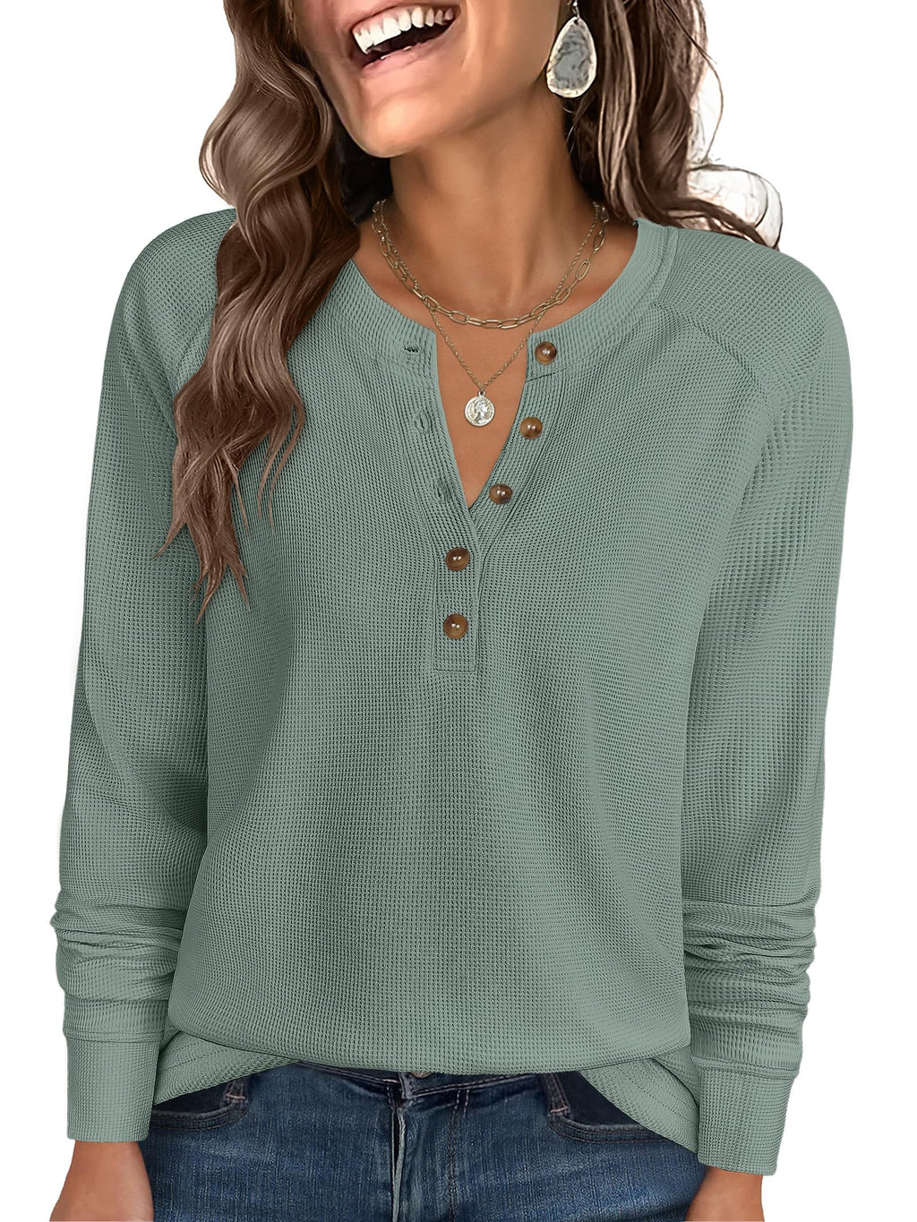 ANRABESS Women's Waffle Knit Henley Top Long Sleeve Shirts Jansha Store