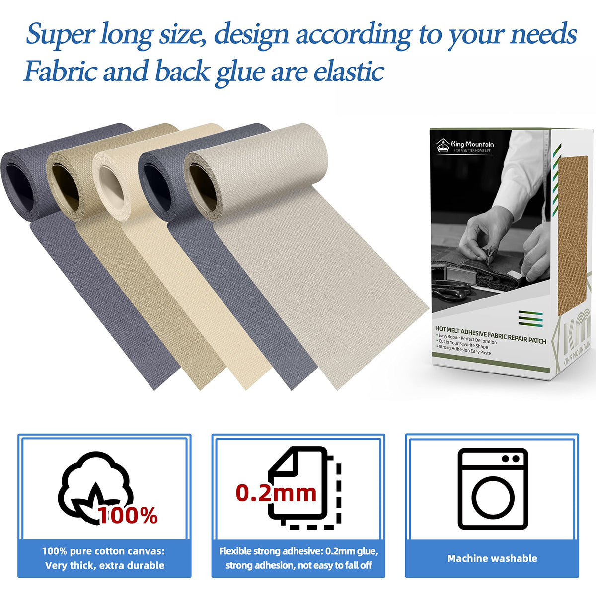 KING MOUNTAIN 100% Cotton Fabric Iron-on Repair Patch, Inside&Outside Clothes Repair Patch, 3"x60" with Backing Glue Repair Decorative Patch kit (Off-White) Jansha Store