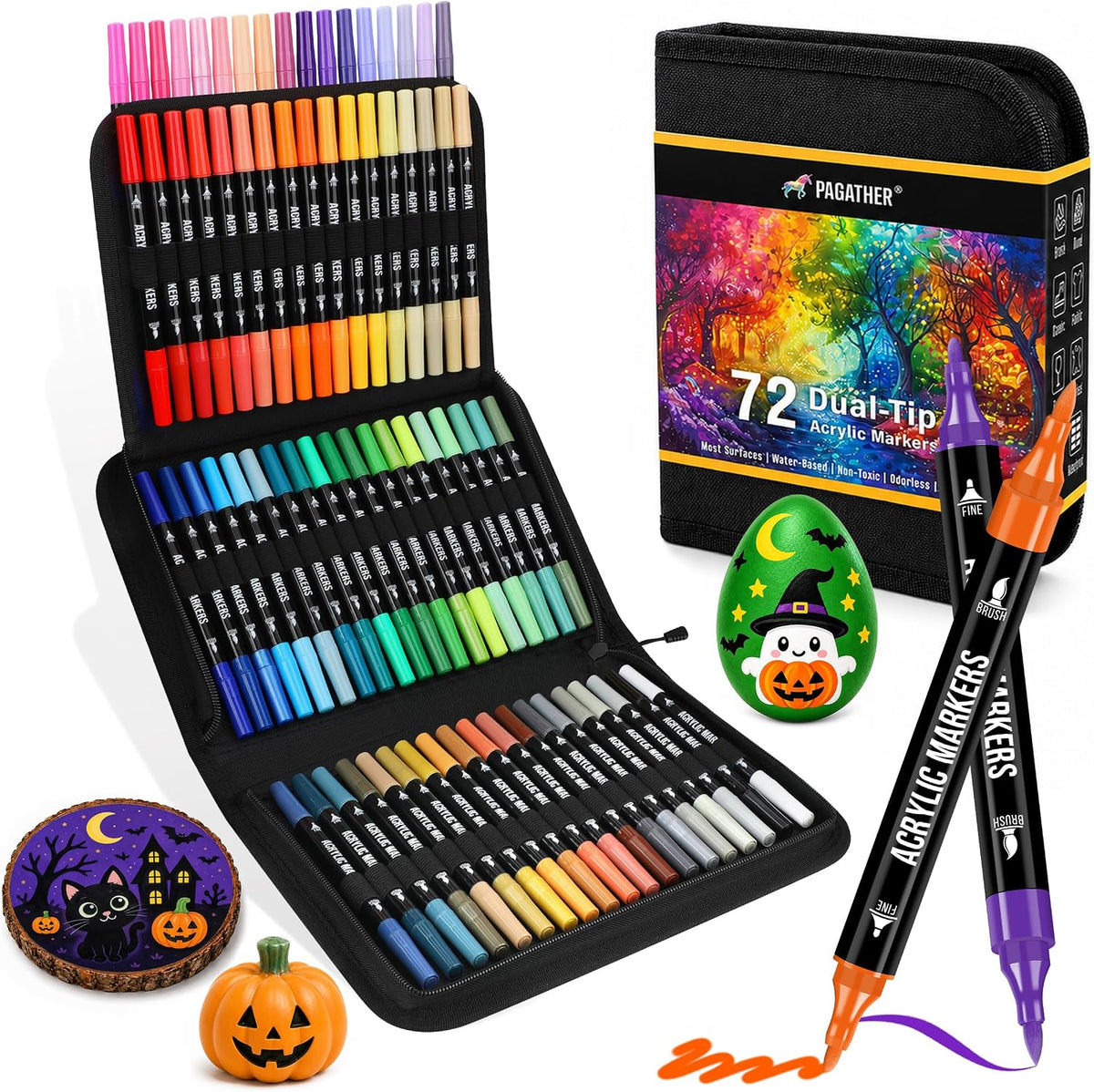 Pagather Acrylic Paint Markers, 72 Colors Dual Tip Fine & Brush Pens Set Jansha Store