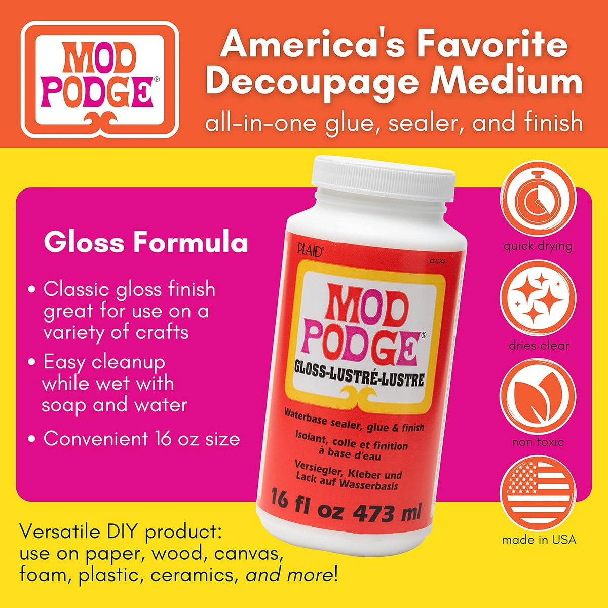 Mod Podge Gloss Sealer, Glue & Finish: All-in-One Craft Solution- Quick Dry, Easy Clean, for Wood, Paper, Fabric & More. Non-Toxic - Craft with Confidence, Made in USA, 16 oz., Pack of 1 Jansha Store