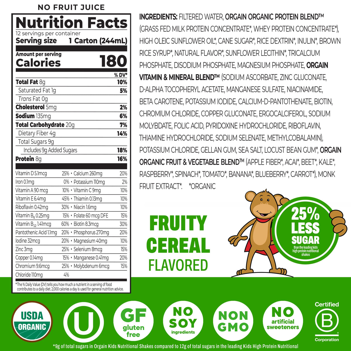 Orgain Organic Kids Dairy 8g Protein Shake, Chocolate, 8.25 oz, 12pk Jansha Store