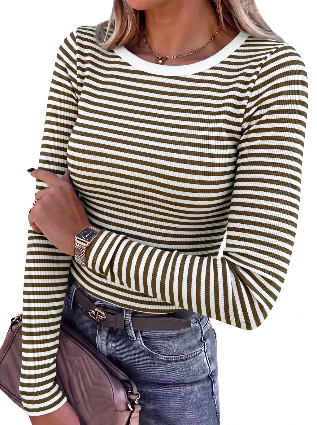 ANRABESS Women Long Sleeve Shirts Ribbed Fitted Tops Jansha Store
