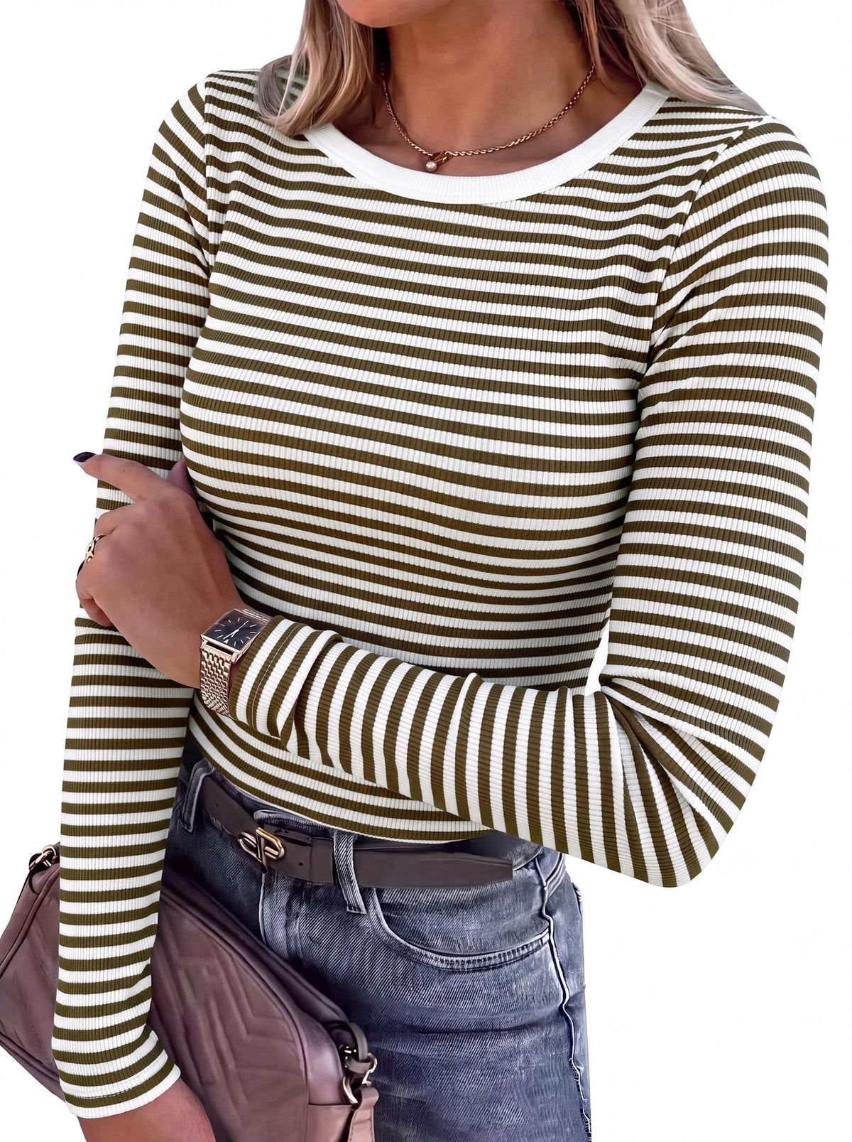 ANRABESS Women Long Sleeve Shirts Ribbed Fitted Tops Jansha Store