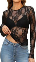 OFEEFAN Womens Mesh Tops Lace Long Sleeve Shirts Crewneck Slim Fitted Outfits See Through Blouses Jansha Store