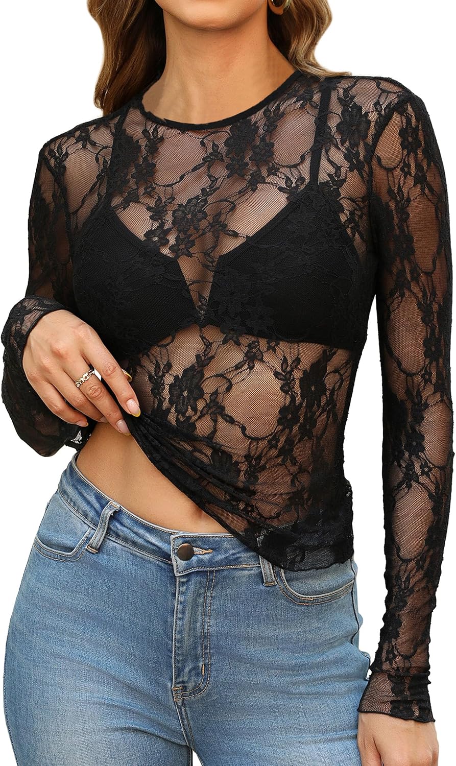 OFEEFAN Womens Mesh Tops Lace Long Sleeve Shirts Crewneck Slim Fitted Outfits See Through Blouses Jansha Store