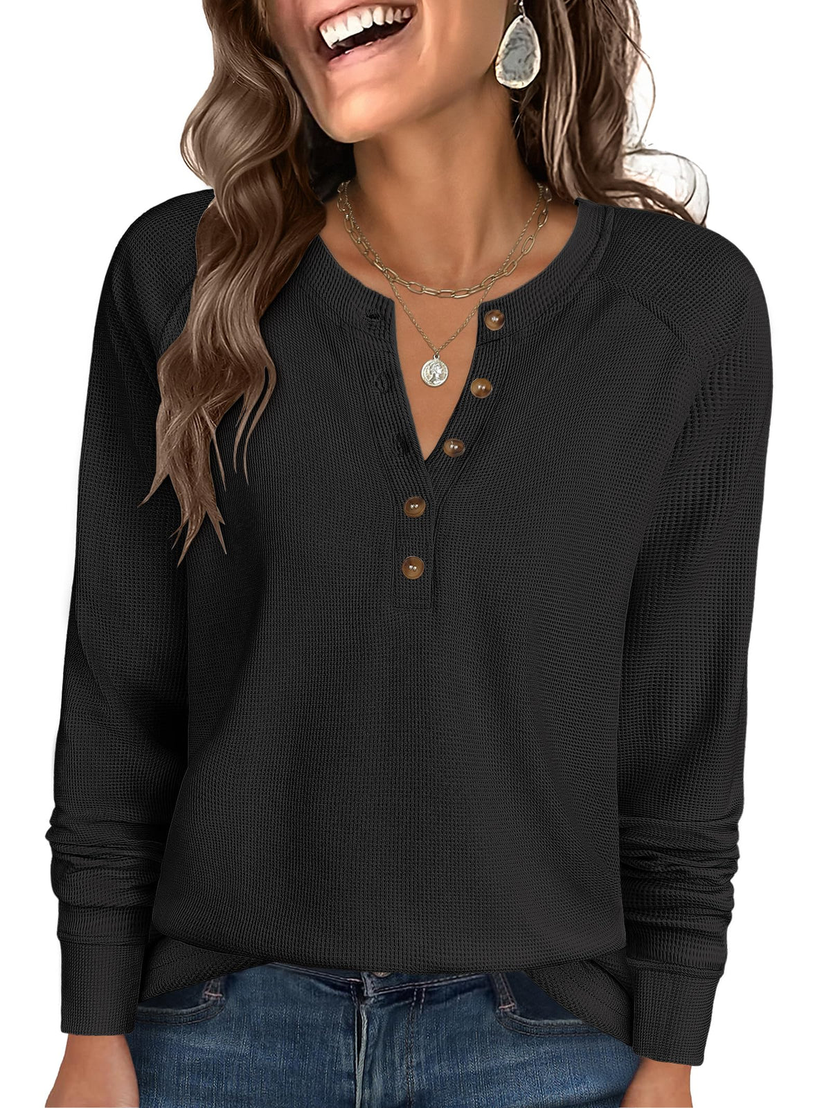 ANRABESS Women's Waffle Knit Henley Top Long Sleeve Shirts Jansha Store