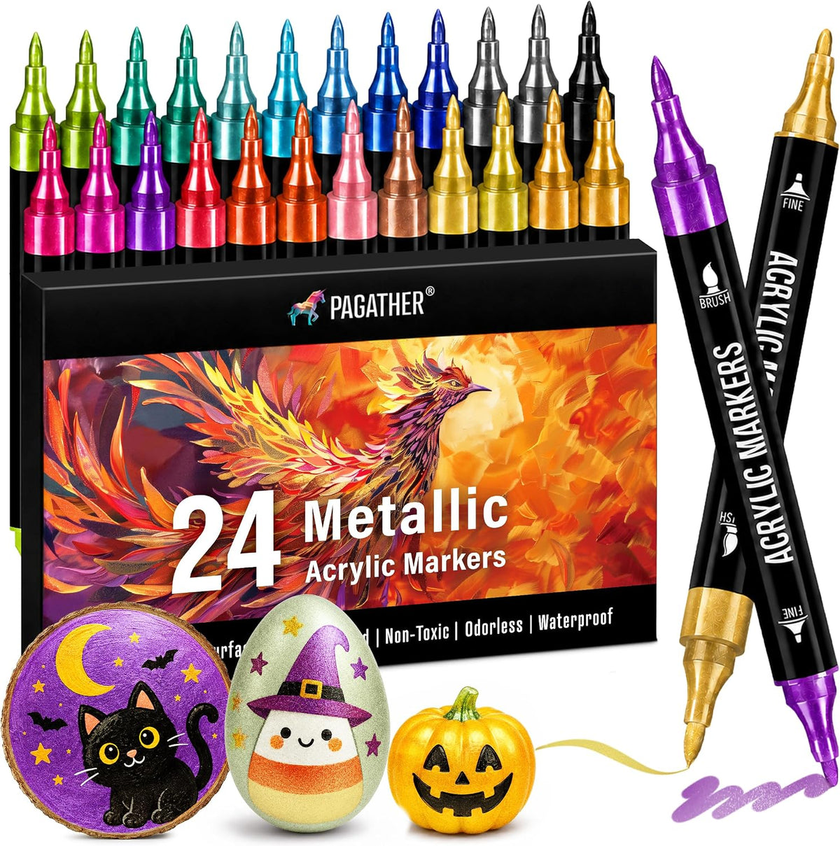 Pagather Metallic Acrylic Paint Markers, 24 Colors Dual Tip Pens Set Jansha Store