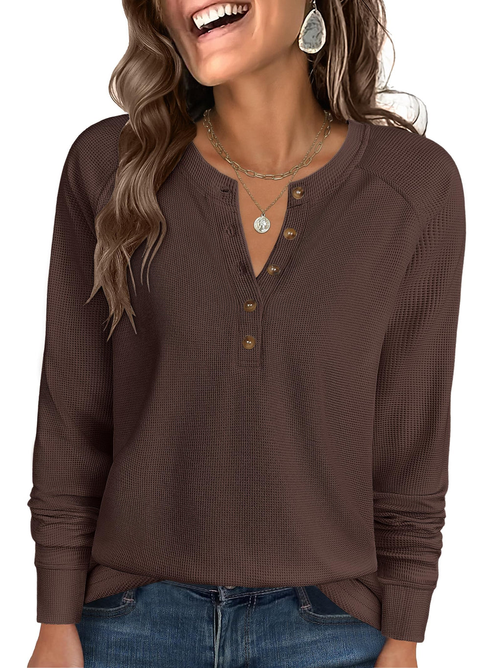 ANRABESS Women's Waffle Knit Henley Top Long Sleeve Shirts Jansha Store