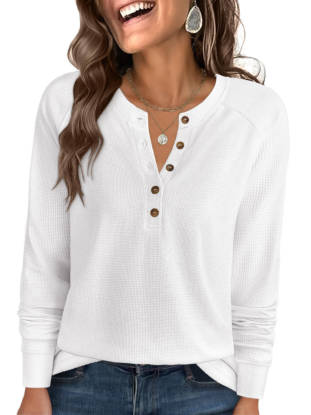 ANRABESS Women's Waffle Knit Henley Top Long Sleeve Shirts Jansha Store