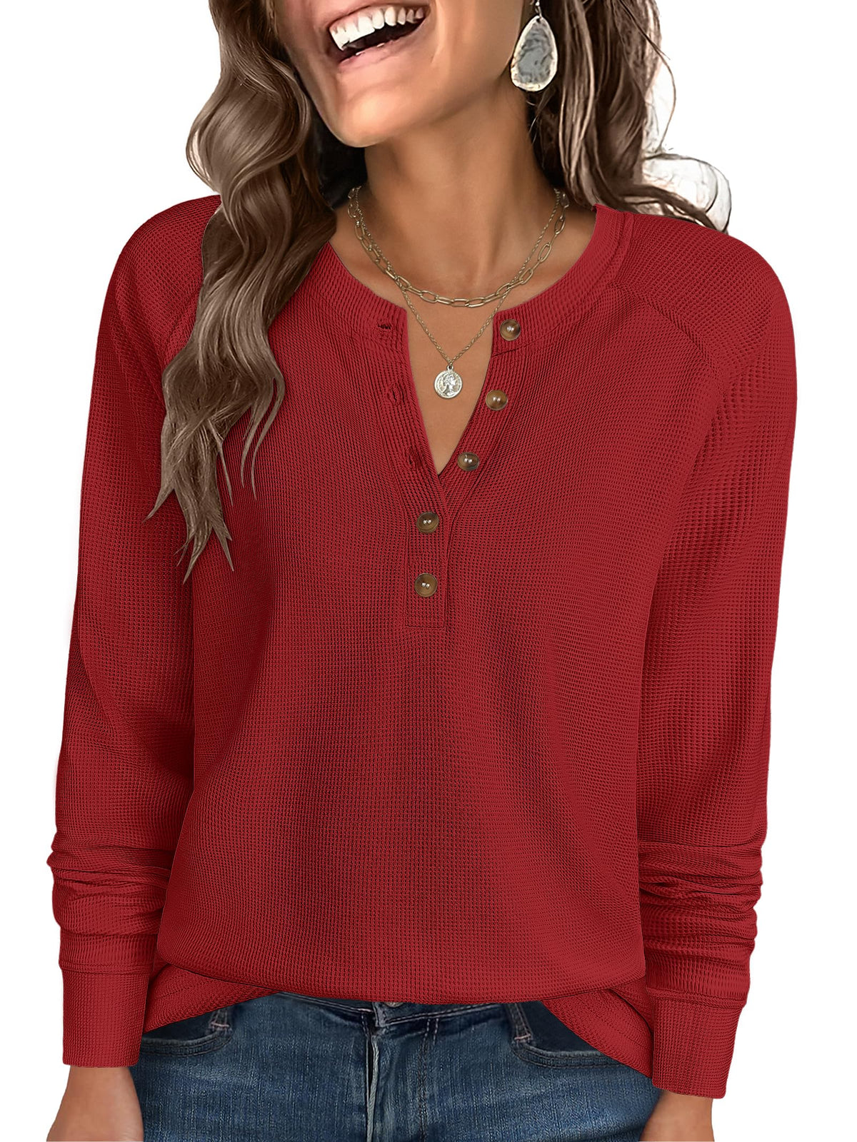 ANRABESS Women's Waffle Knit Henley Top Long Sleeve Shirts Jansha Store