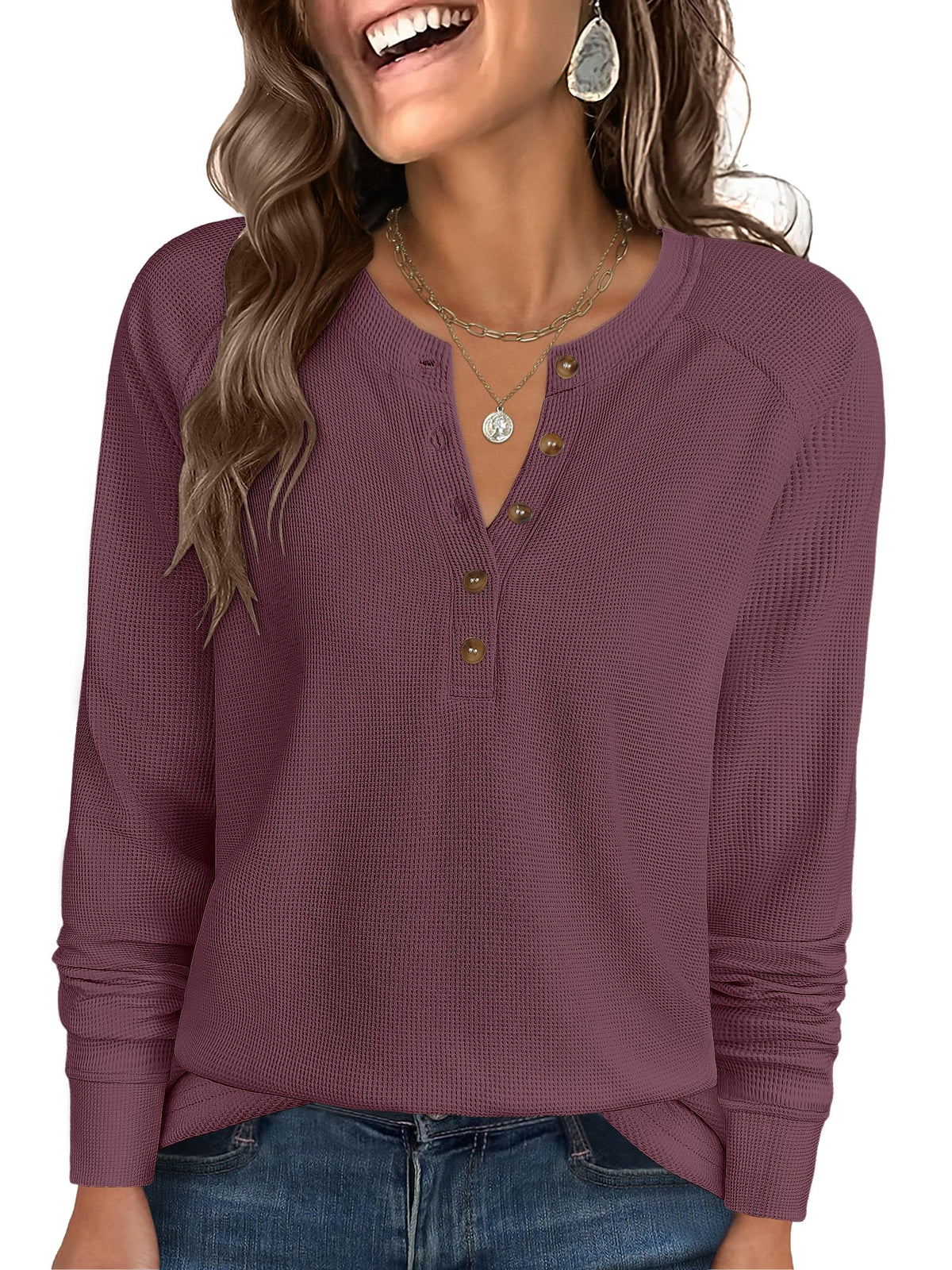 ANRABESS Women's Waffle Knit Henley Top Long Sleeve Shirts Jansha Store