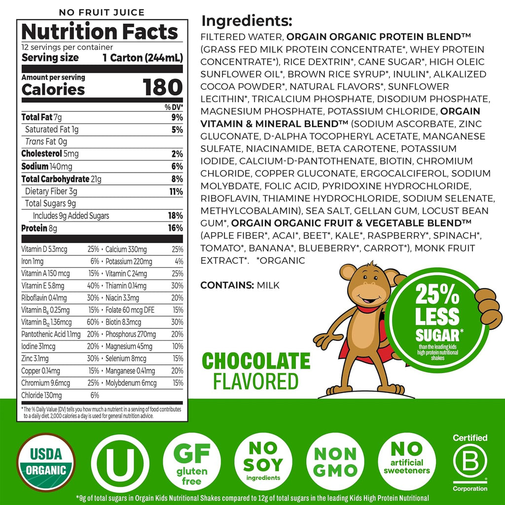 Orgain Organic Kids Dairy 8g Protein Shake, Chocolate, 8.25 oz, 12pk Jansha Store
