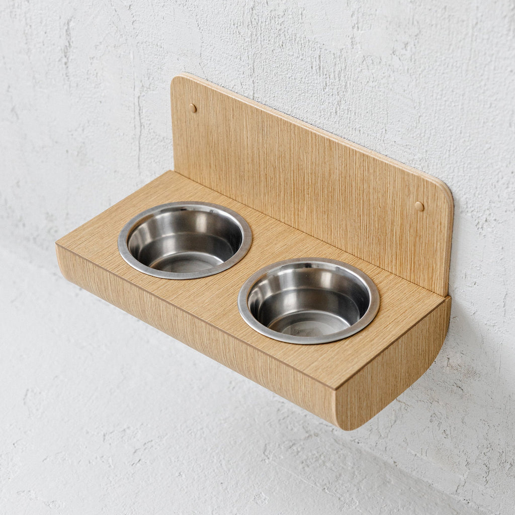 Hanging wooden dog feeder with wall protection, Floating raised dog bowls Valiai