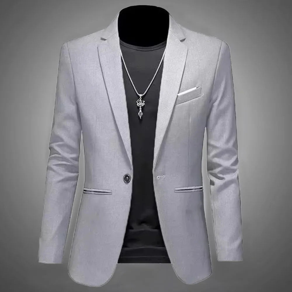 Mens Slim Fit Casual Suit Jacket Single Button (Gray)-1