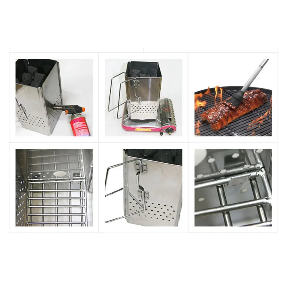 Portable Charcoal Starter & Folding BBQ Grill Stainless Steel Silver LPO
