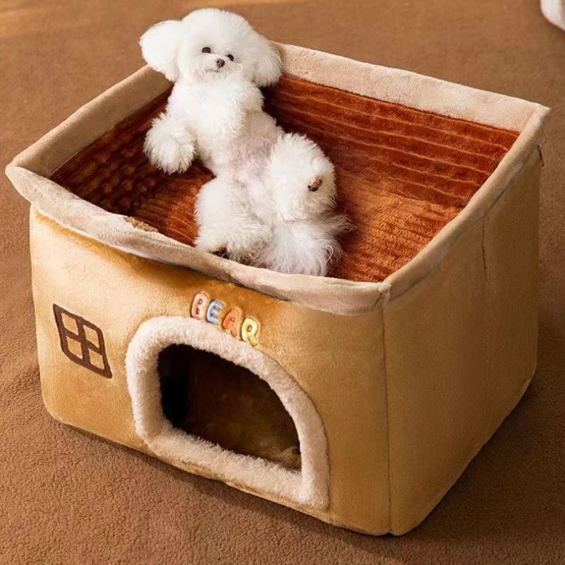 Foldable Soft Pet House And Bed Detachable Cave-Style Nest Brown LPO